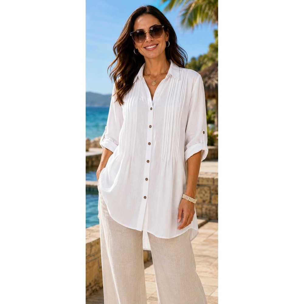 Sea Breeze of California White Cotton Gauze Pintuck Roll Tab Tunic Top 1X USA